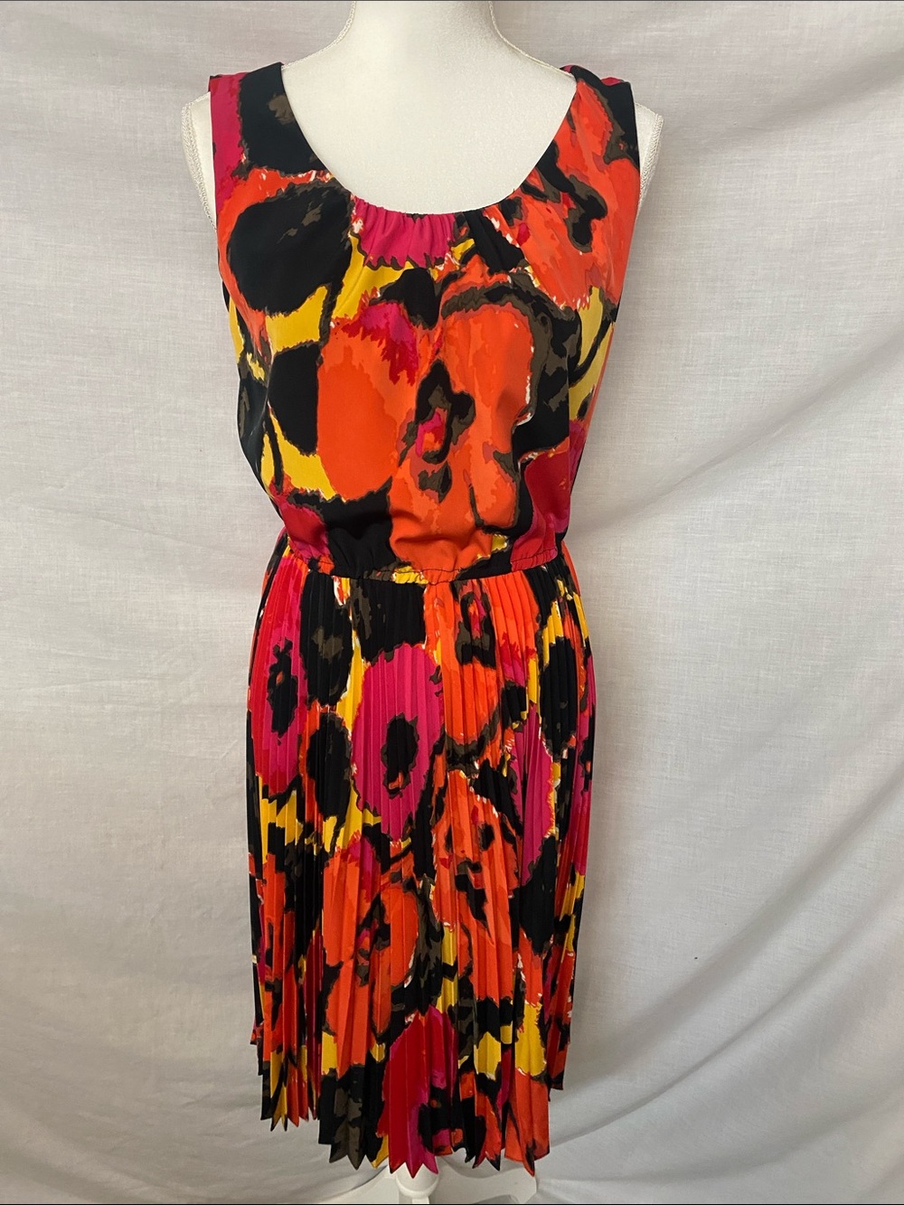 Alfani Sleeveless Pleated Midi Dress in Pink, Orange & Black